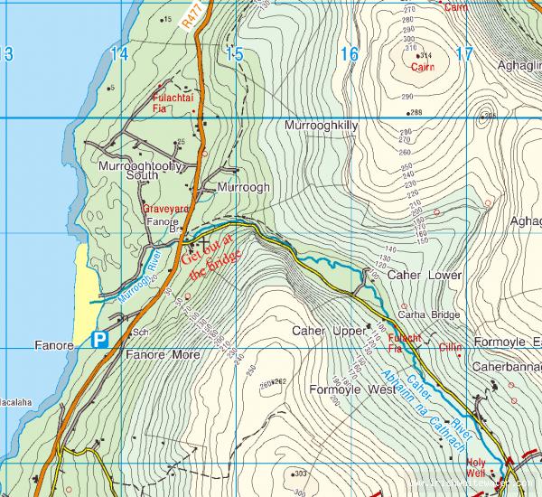 Map to Caher River - Get in where there's enough water.