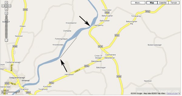 Map to Barrow River - clashganny one arrow shows the get on at clash the lower ones is approx the get out and the line shows the side canal that you use to paddle back to the car park