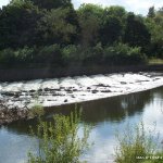 Photo of the Nore river in County Kilkenny Ireland. Pictures of Irish whitewater kayaking and canoeing. Lacken Weir (river right) med/low water. Photo by Adrian