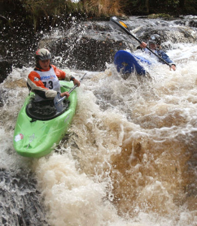 Boatercross kayaking on the Annamoe /Avonmore  River. Wicklow, Ireland.