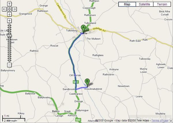 Map to Slaney River - Google maps screen shot of directions from Tullow to get in.