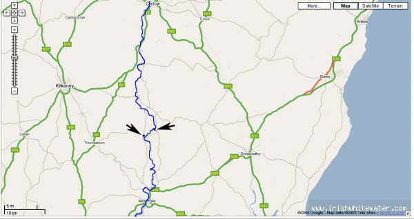 Map to Barrow River - large map of barrow from carlow town to new ross river is in blue and clash and grauig are marked by arrows
