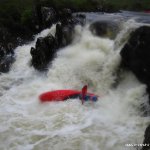 Photo of the Owenshagh river in County Kerry Ireland. Pictures of Irish whitewater kayaking and canoeing. jack corbett, entry drop of s-bend rapid. Photo by dave g