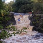 Photo of the Mayo Clydagh river in County Mayo Ireland. Pictures of Irish whitewater kayaking and canoeing. micheal rogerson on the main drop on the upper. high. Photo by bosco