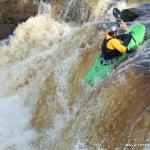 Photo of the Bunduff river in County Leitrim Ireland. Pictures of Irish whitewater kayaking and canoeing. Dan Griffin nearly to the top of the drop ;-).