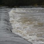Photo of the Blackwater/Boyne river in County Meath Ireland. Pictures of Irish whitewater kayaking and canoeing. Diagonal Weir At Ramparts in High Water. Photo by Paul Smith
