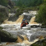 Photo of the Inchavore river in County Wicklow Ireland. Pictures of Irish whitewater kayaking and canoeing. Daragh Power on the island section at low water.. Photo by Jim Kennedy