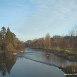 Photo of the Liffey river in County Dublin Ireland. Pictures of Irish whitewater kayaking and canoeing. newbridge college weir from upstream in low water.